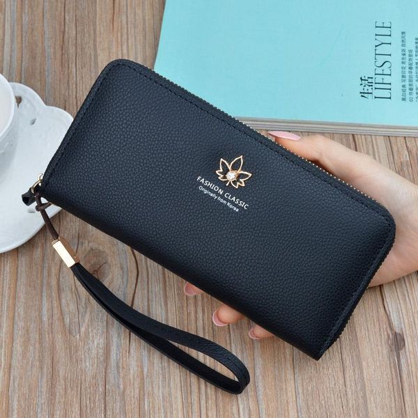 

black wallet ladies long fashion 2020 japan and south korea zipper large capacity litchi pattern leaf wallet clutch bag 11