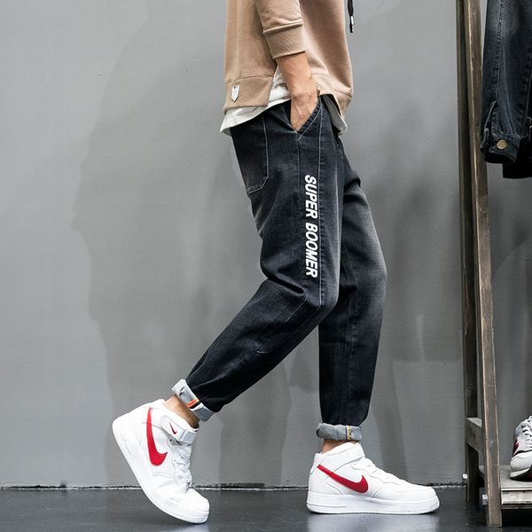 

autumn черных мужские свободные большого размера модные вскользь гетры шаровары узких брюк джинсы и джинсы студент письмо напечатаны длинные, Blue