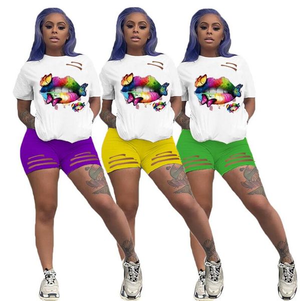 

women tracksuit rainbow butterfly lips print t-shirt shorts sets hole outfit summer two piece sport suit fashion clothes sale d7808, White