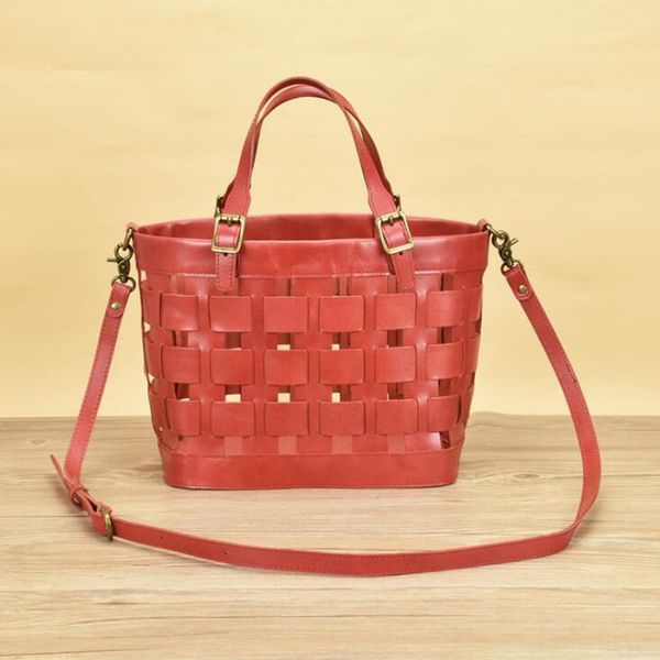 

2020 new genuine leather retro hand-planted leather cowhide handbag ladies one-shoulder messenger bag hollow woven lining bag