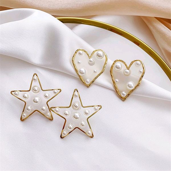 

fashion pearl earrings female classic irregular transparent heart stud earrings metal stars hyperbole big for women, Silver