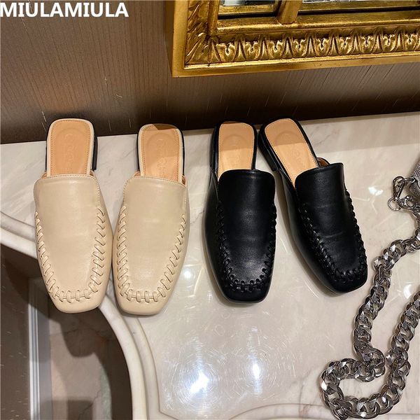 

miulamiula brand design size 35-40 2020 autumn korean fashion sewing leather flat slippers slip-on loafers mules flip flops, Black