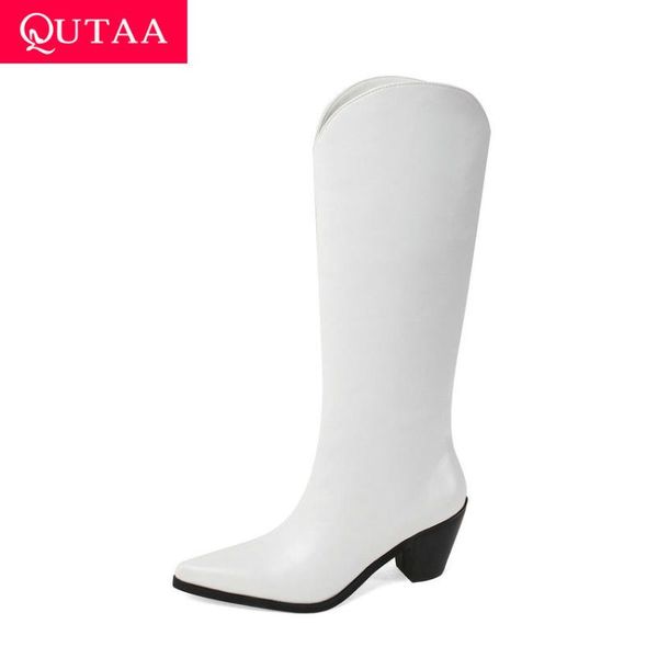 

qutaa 2021 pointed toe mid calf boots cow leather women pumps autumn winter square high heel slip on women shoes size 34-39, Black