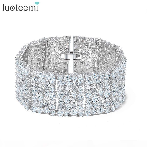 

luoteemi new big luxurious jewelry full shining cubic zircon white gold-color link chain bracelet for women wedding bangle, Black