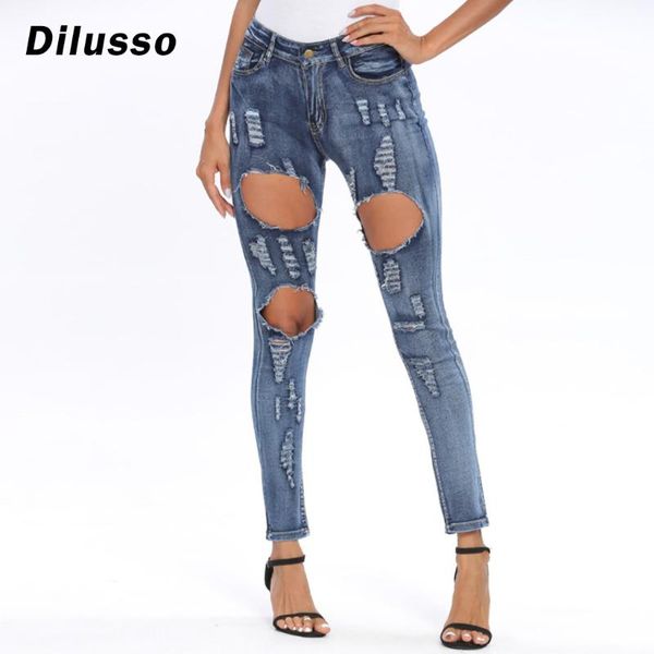 

fashion women jeans denim hole female high waist jeans stretch slim pencil daily ladies pants#d3, Blue