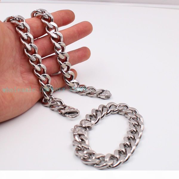 

charming gifts strong link 10mm 15mm huge silver cuban curb chain necklace bracelet stainless steel jewelry set retro clasp