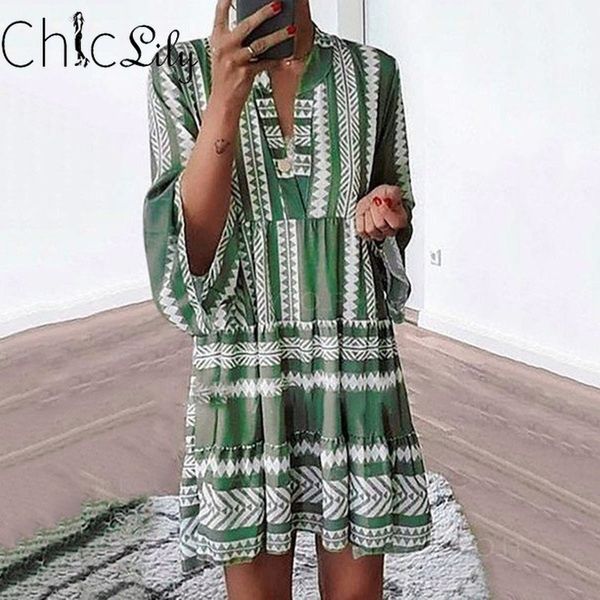 

casual dresses chiclily striped pleated dress summer v-neck flared sleeve mini, Black;gray