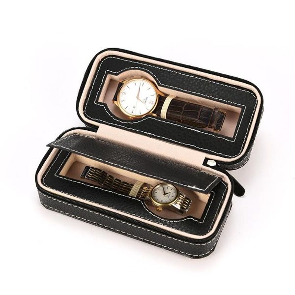 

2 grids pu leather travel watch storage case zipper wristwatch box organizer, Black;blue