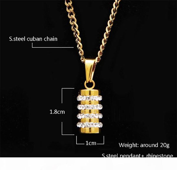 

r men women 18k gold plated stainless steel diamond soild cylindrical pendant necklace 24 &quot ;inch cuban chain, Silver