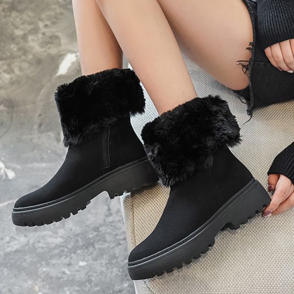 

new fashion winter thick-soled mid-tube boots girl winter plus velvet thick cotton shoes snow boots women short plus size 34-43, Black
