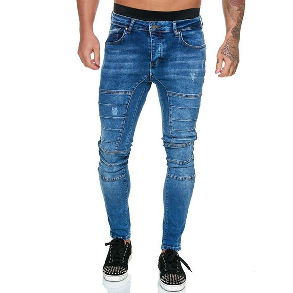 

2020 summer men ripped jeans fashion skinny slim destroyed pencil pants mens spring full length jean vintage trousers d30, Blue