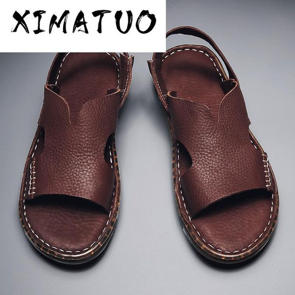 

sandals sandalias hombre de cuero sandalen genuine leather men summer breathable mens hollow beach handmade big size 46 hiking, Black