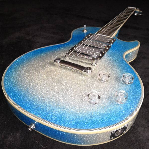 

custom poker face ace frehley signature big sparkle metallic blue burst silver electric guitar 3 pickups, mirror truss rod cover