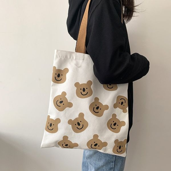 

2020 new canvas shoulder bag for women girl cartoon bear white female handbags cloth shopping bags ladies tote beach shopper bag