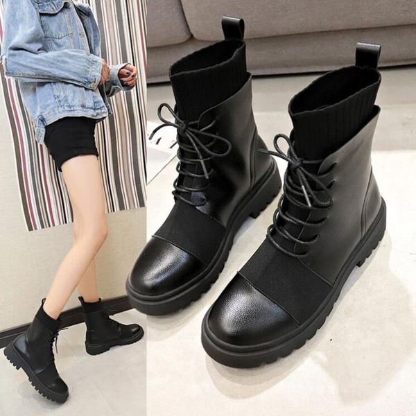 

wholesale fashion flat round pu ankle boots spring 2019 elastic lace feminine black boots comfortable