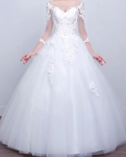 

ball gown wedding dresses v neck sweep / brush train lace satin tulle long sleeve formal with appliques, White
