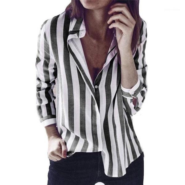 

printed fashion female clothing autumn womens designer blouses loose lapel neck single breasted long sleeve striped, White
