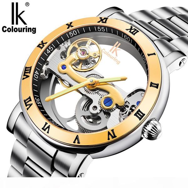 

promotionbrand ik luxury solid stainless steel 50 m dive swimming waterproof transparent skeleton business men's automatic mechanical, Slivery;brown