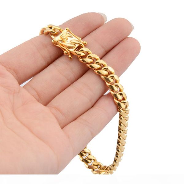 

8mm 10mm 12mm 14mm 16mm 18mm stainless steel bracelets 18k gold plated high polished miami cuban link men punk curb chain butterfly clasp, Black
