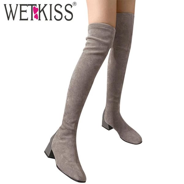 

wetkiss stretch over the knee boots women thigh high boot square toe slip on winter shoes woman hoof med heels long boots big, Black