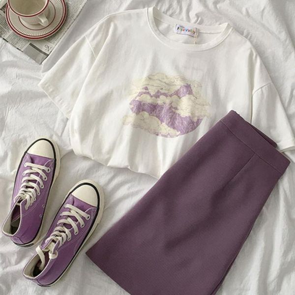 

elegant summer fashion two-piece suit women korean printed short-sleeved t-shirt + high waist mini skirt matching set, White