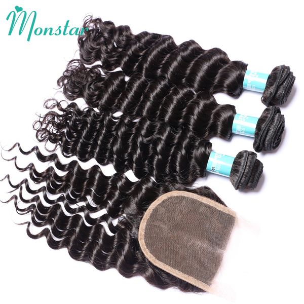

2 3 monstar peruvian deep wave bundles natural color unprocessed remy peruvian curly human hair bundles, Black;brown
