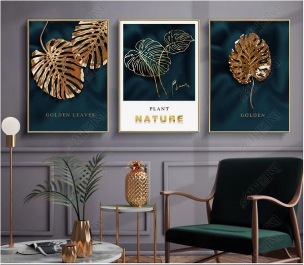 

golden leaf modern minimalist plant decorative paintings modular picture wall art canvas painting for living room no framed
