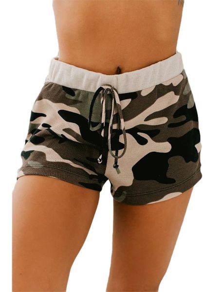 

women's casual style shorts ladies elastic mid waist short pants camouflage printed cotton blend lounge shorts with drawstring, White;black