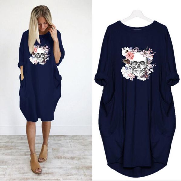 

2020 women t shirts dress flowers print summer designer dress round neck pocket loose plus size 5xl casual woman dress high quality, Black;gray