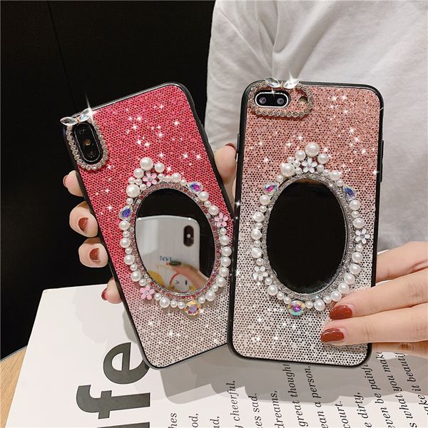 

designer fashion pearl makeup mirror female phone cover case for iphone x 11 pro xs max xr 10 8 7 6 6s plus soft case coque fundas