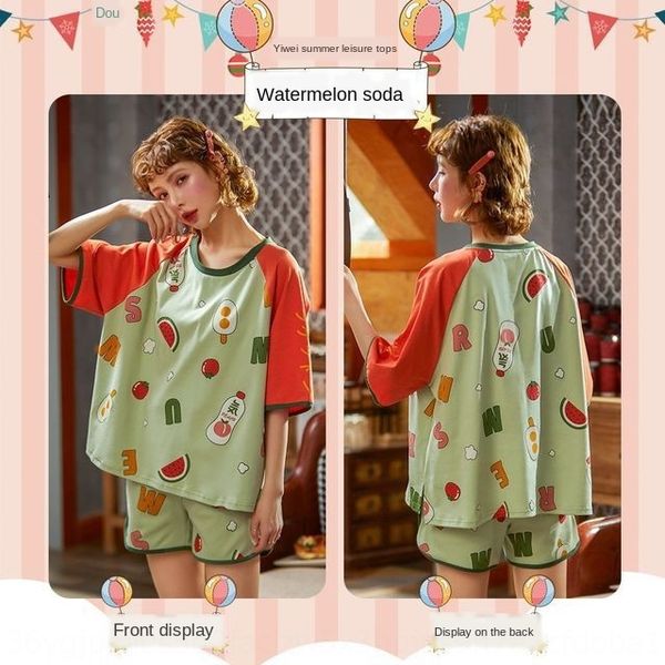 

2020 new yiwei home wear comfortable printing cute cotton short sleeping pajamas pajamas suit for women, Blue;red