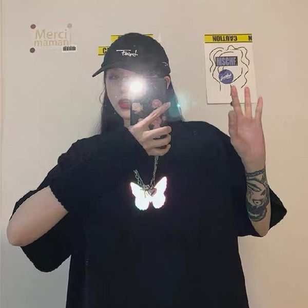 

new casual butterfly reflective print t shirts women ins fashion o neck short sleeve tees female summer slim ladies, Black;blue