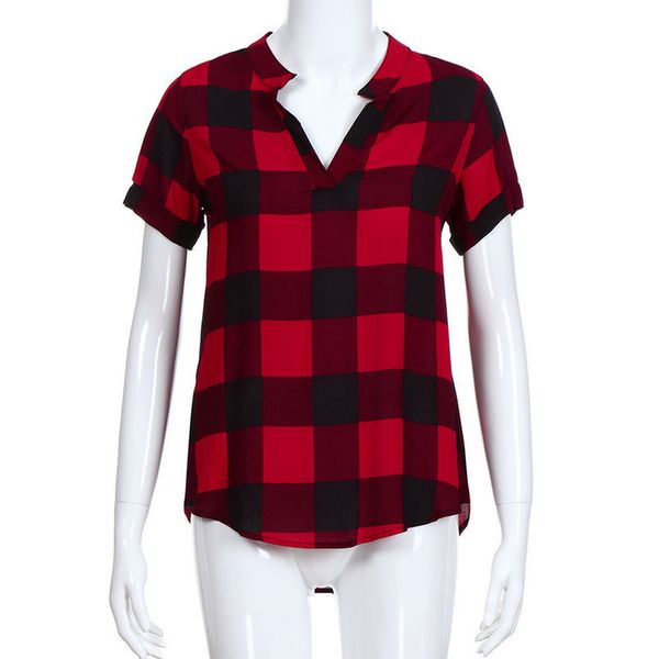 

women shirts plaid printed v neck short sleeve loose large size trend elegant noble vogue summer blouse shirts, White