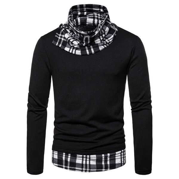 

men's knitted sweater casual patchwork jacket three-color plaid deep high collar pullover men's knitted sweater, White;black