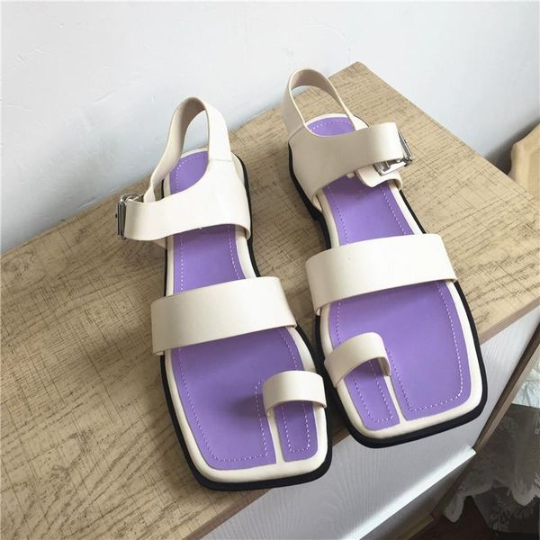 Taro Фиолетовый флип-флоп сандалии Женщины сандалии с квадратная голова и толстые каблуки Лето Matching на низком каблуке с открытым носком обуви Гладиатор