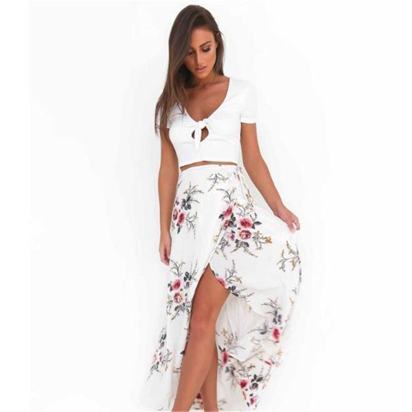 

women white irregular long skirt 2020 summer boho vintage floral print side slit wrap maxi skirt girl waist skirts female, Black