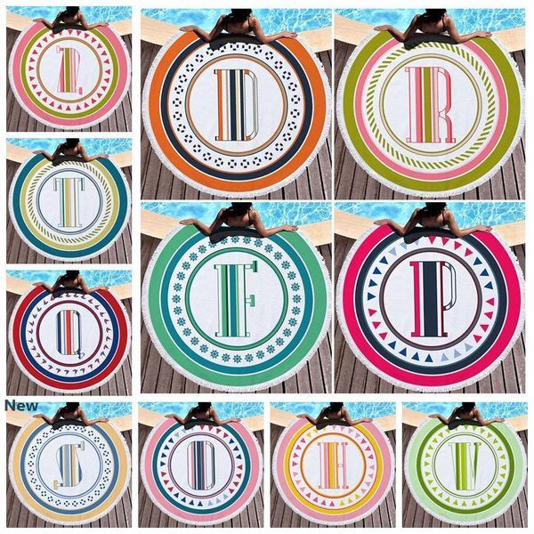 

round beach towel letter microfiber beach blankets tassel swimming towel shawl yoga mat 150cm 21 designs cca11798 6pcs