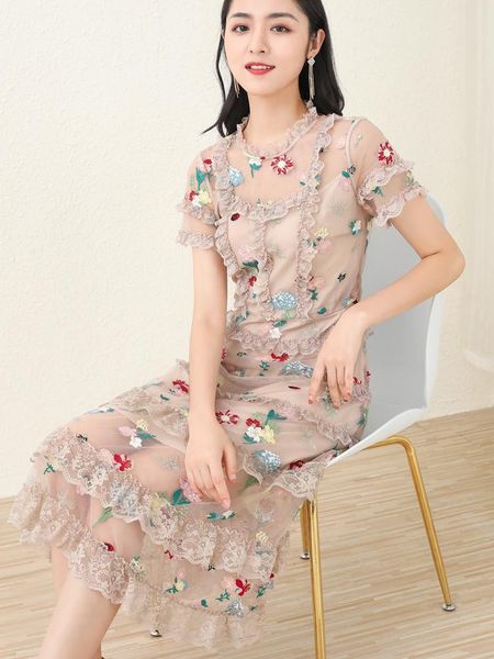 

heavy industry embroidered lace dress pink mary summer 2020 new french waist thin temperament a-line skirt, Black;gray