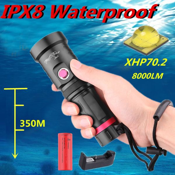 

professional xhp70.2 scuba diving light 350 meter waterproof ipx8 underwater led diving camping lanterna torch 26650