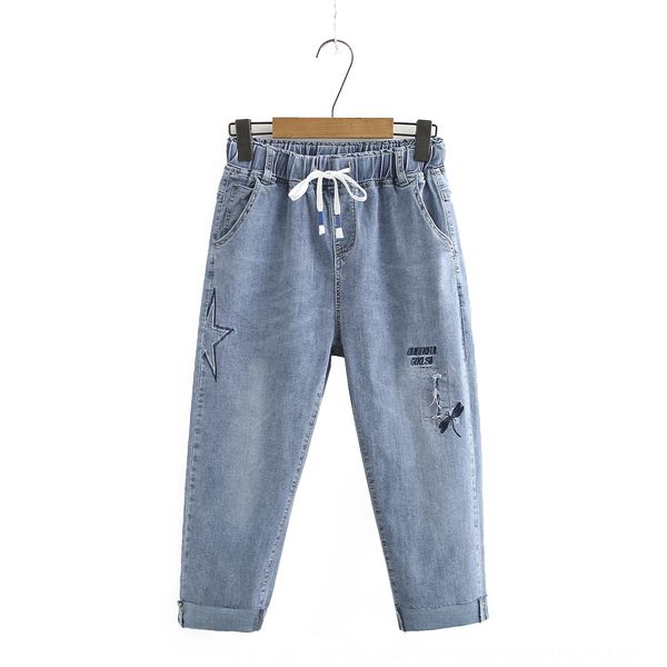 

lzlz6 large size women's clothing korean style elastic waist jeans and jeansembroidered jeansdrawstring embroidered ripped jeans summer, Blue