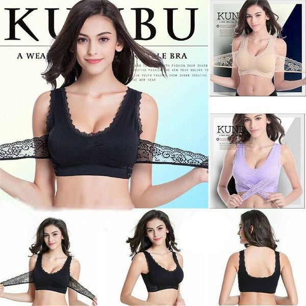 

women ladies front cross side buckle wireless lace breathable bra