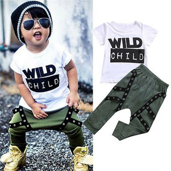 

toddler kid baby boys wild child t-shirt long pants outfits clothes set, White