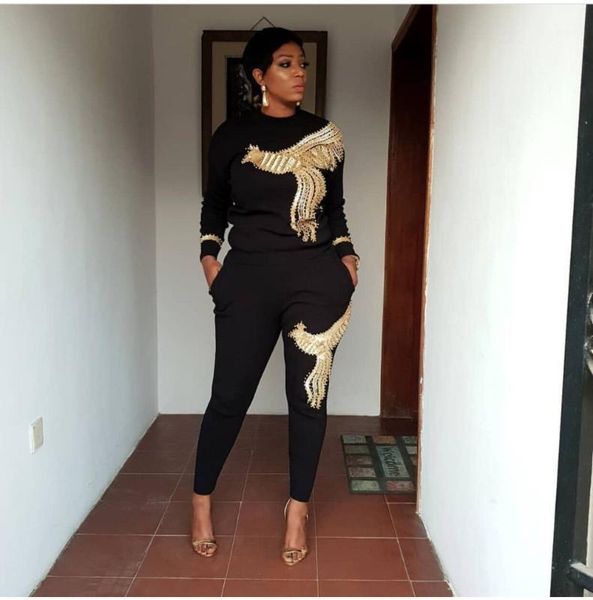 

2019 winter spring long sleeve tracksuit sportswear office phoenix sequined sweatshirt+ pant 2pcs women's set outfits suit am3061, White