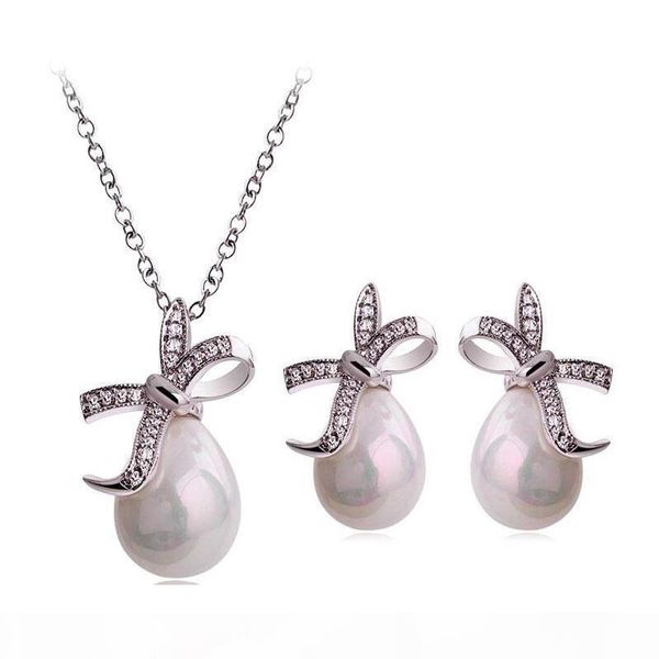 

s 2020 gold plated waterdrop white pearl necklace earrings jewelry set for women swarovski elements crystal peal jewelry set 2pcs set, Silver