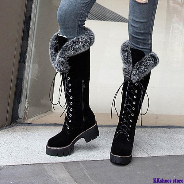 

large size 43 winter warm fur shoes woman outdoor snow boots women shoelaces knee high boots female shoe, Black