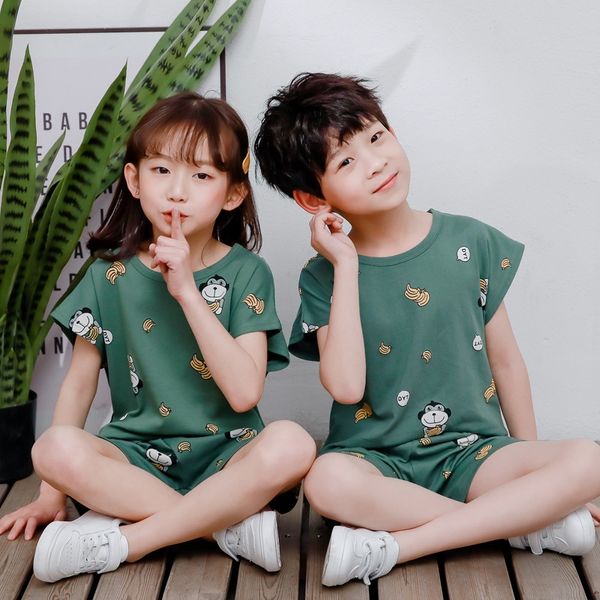 

ynung 2020 new pajamas girls boys short-sleeved cotton thin medium and clothing children's clothing large children's home clothes