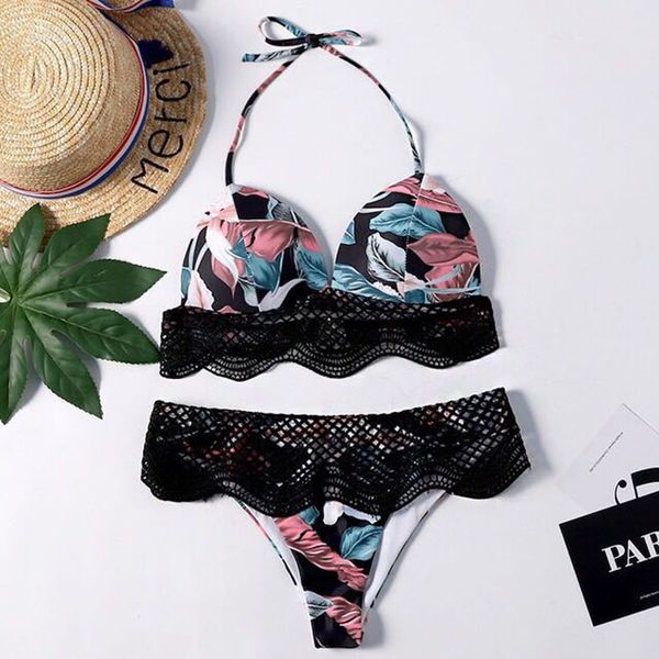 

push up bikinis set swimwear women swimsuits bathing suit women halter biquini leaf print beach wear bikini 2020, White;black