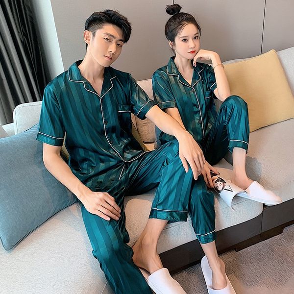 

couple pajamas men's and women's 5050-piece short-sleeved clothes simulation home clothing trousers imitation silk home clothes, Blue;red