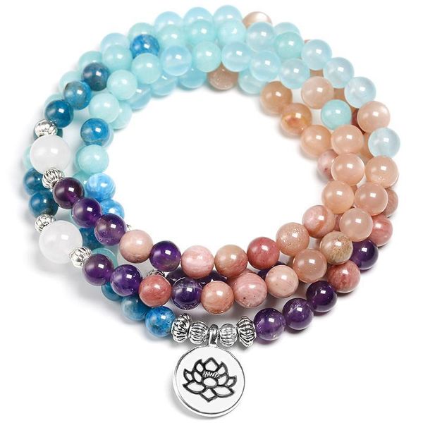

apatite with rhodochrosite natural stone meditation mala 108 beads handmade yoga bracelet women men charm jewelry, Golden;silver