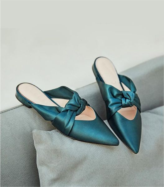 

spring/summer pointed muller slippers french ladies flat bowknot bow-head half slippers with sandals flip-flop sandals, Black